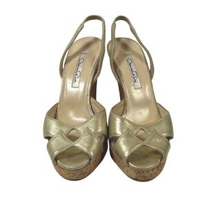 Oscar de la Renta Gold Metallic Cork Platform Slingback Heels Sandals Size 35.5